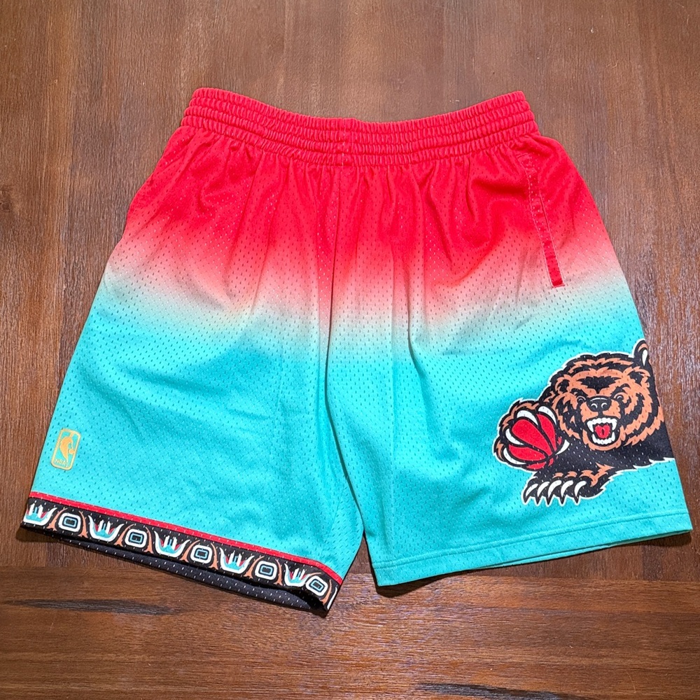 Mitchell & Ness Red to Teal Gradient Mesh Basketball Shorts with Bear Patch